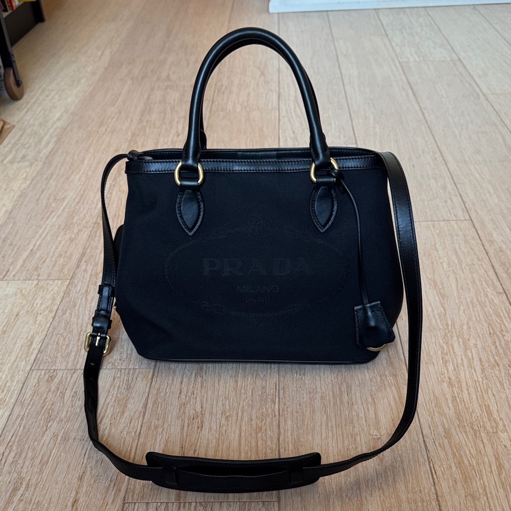 Prada Black Canvas and Leather Top-Handle Satchel with Shoulder Strap